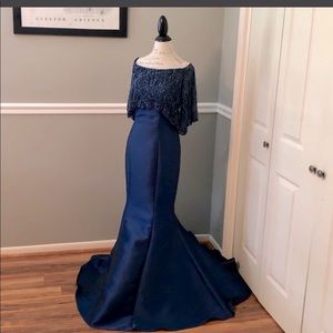 MON CHERI MONTAGE NAVY BEADED EVENING GOWN